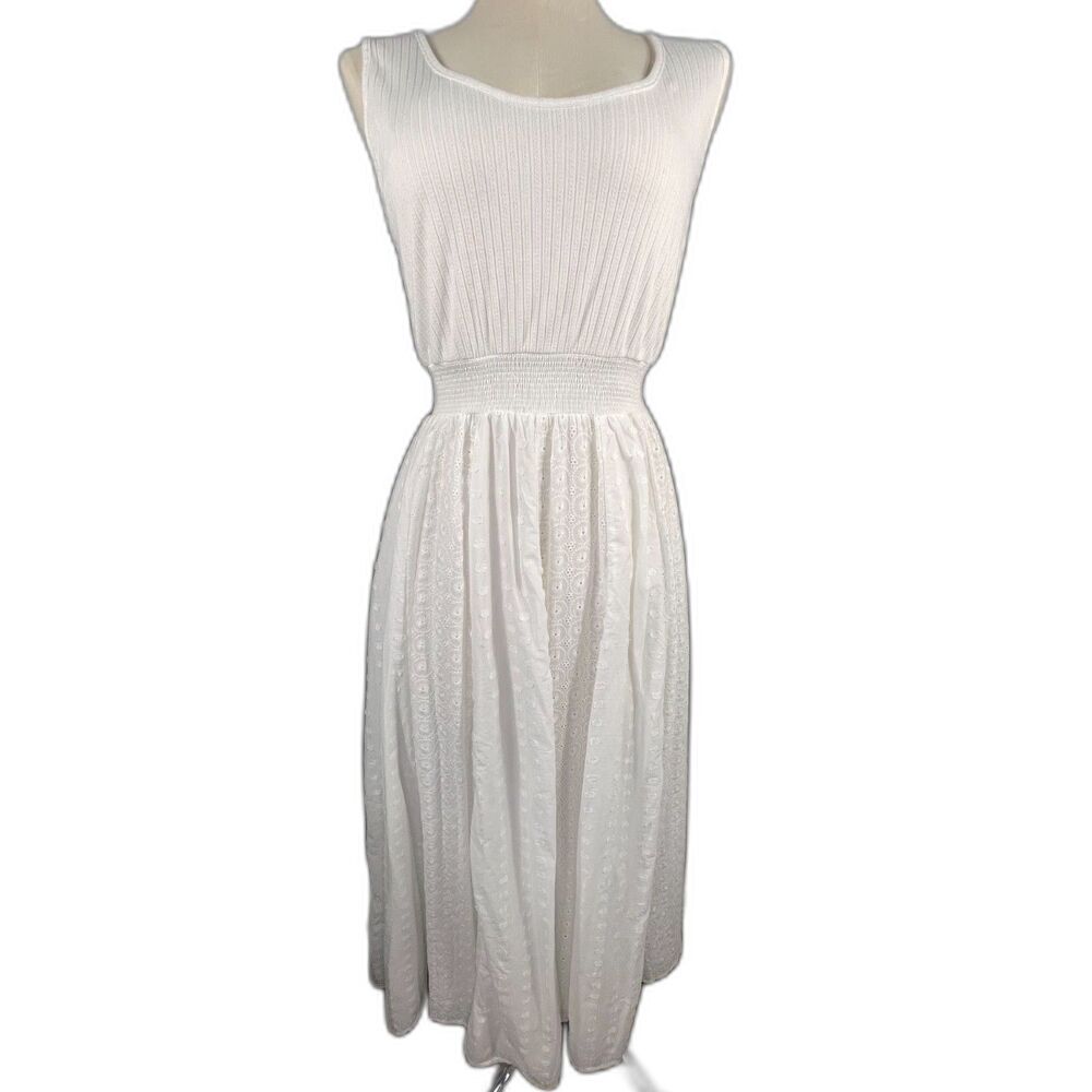 Soft Surroundings Zosia Maxi Dress Small White Eyelet Smocked Rib Knit Tank